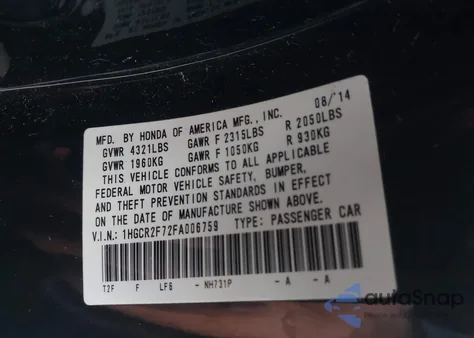 2015 Honda Accord Ex from USA, damaged, VIN 1HGCR2F72FA006759